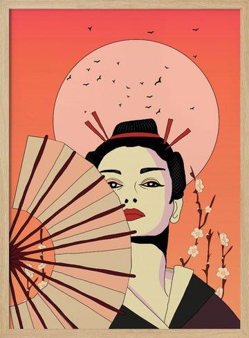 Japanese Geisha with Fan | Poster - Wood Frame Interior