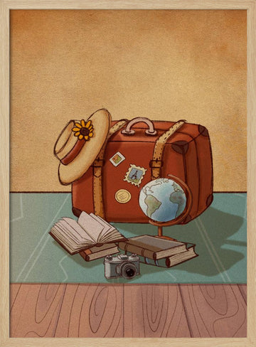 Vintage Travel Essentials | Poster - Wood Frame Interior