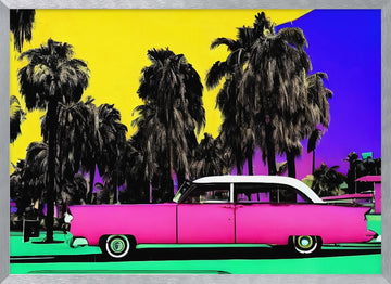 Pink Retro Palm Scene | Poster - Silver Frame Interior