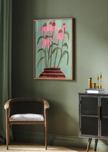 Pink Coneflowers in Vase | Poster - Room Interior 2