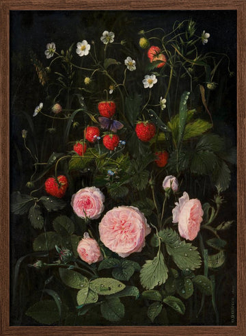 Still Life With Roses and Strawberries | Poster - Walnut Frame Interior