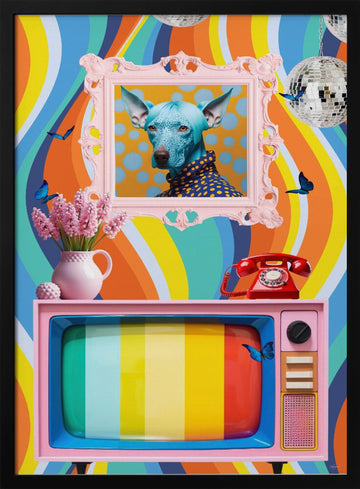 Colorful Groovy Blue Dog | Poster - Black Metal Frame Interior