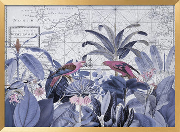 Pink Parrots Tropical Map | Poster - Gold Frame Interior