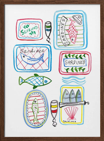 Whimsical Sardine Cans | Poster - Walnut Frame Interior