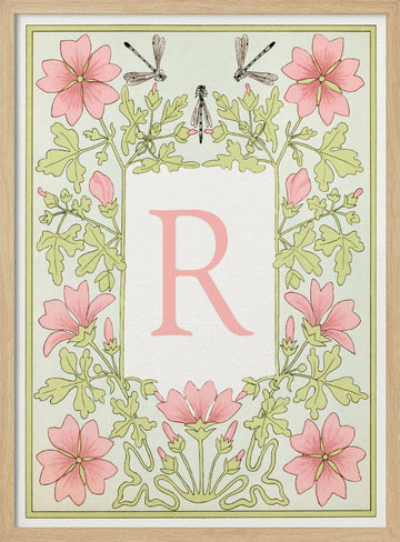 Pink Floral Letter R | Poster - Wood Frame Interior