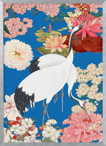 Japanese Cranes Floral Art | Poster - Silver Frame Interior