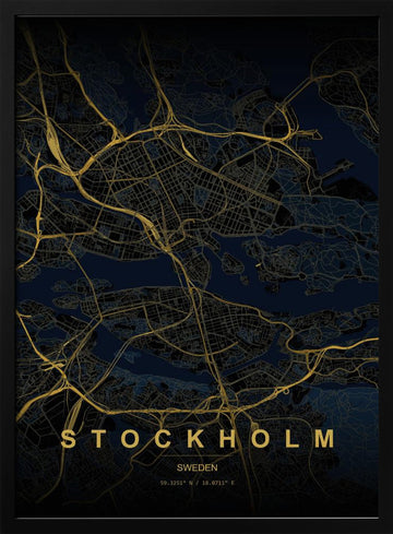 Golden Stockholm Map | Poster - Black Metal Frame Interior