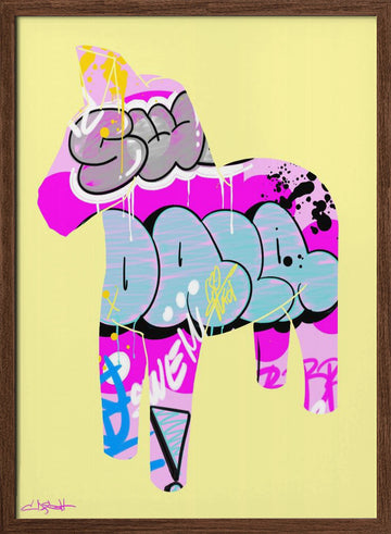 Pink Blue Graffiti Horse | Poster - Walnut Frame Interior