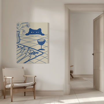 Curious Blue Cat Dinner | Canvas - Room Interior 1