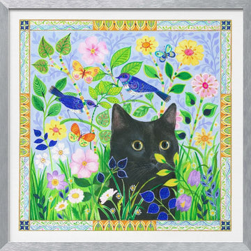 Black Cat In Jewelled Garden | Poster - Silver Frame Interior