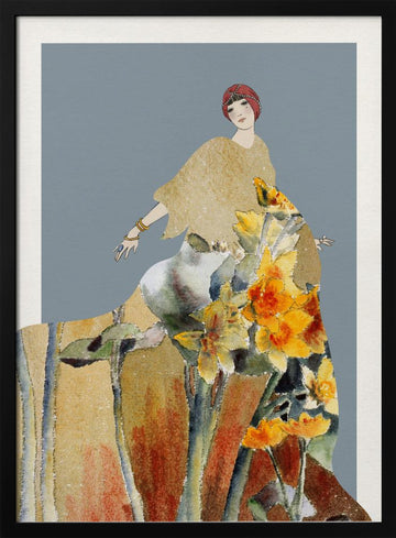 Golden Floral Woman | Poster - Black Metal Frame Interior