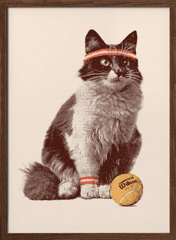 Retro Tennis Cat | Poster - Walnut Frame Interior