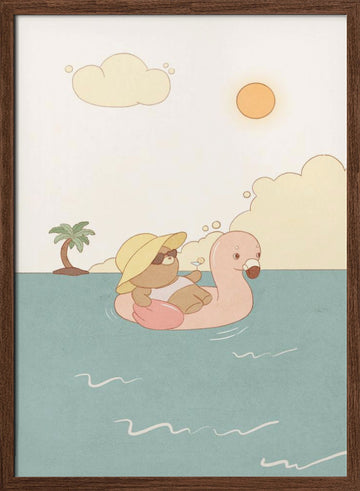 Relaxing Flamingo Float | Poster - Walnut Frame Interior