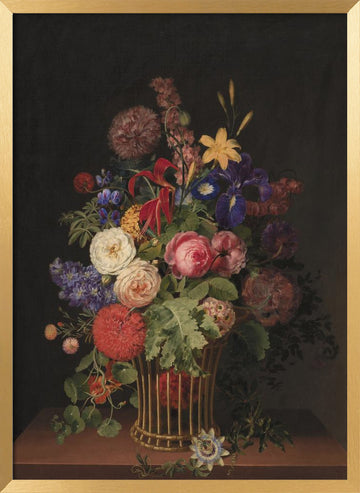 A Light Cane Basket With Flowers By C. D. Fritzsch | Poster - Gold Frame Interior