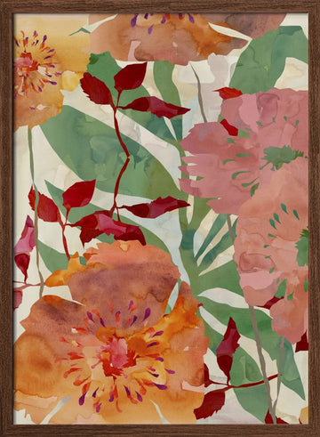Watercolor Garden Flowers | Poster - Walnut Frame Interior