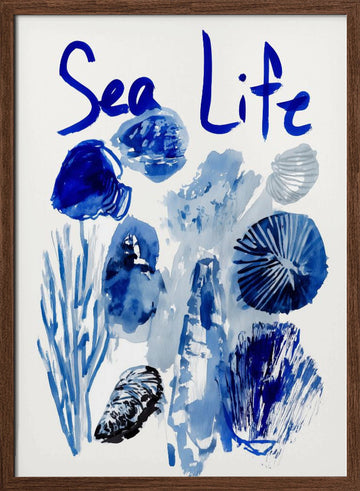 Indigo Sea Life Watercolor | Poster - Walnut Frame Interior
