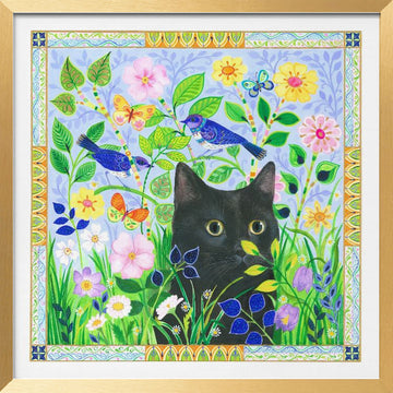 Black Cat In Jewelled Garden | Poster - Gold Frame Interior