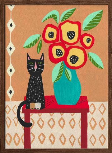 Whimsical Cat Floral Still Life | Poster - Walnut Frame Interior