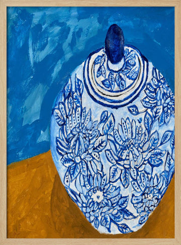 Elegant Blue Floral Jar | Poster - Wood Frame Interior