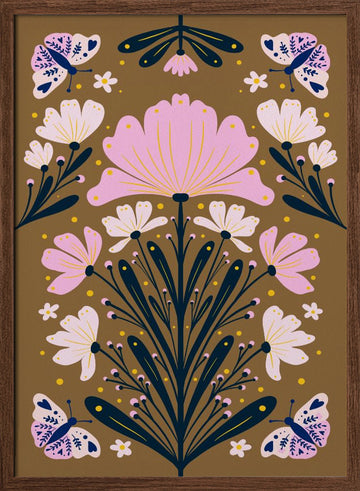 Symmetrical Butterfly Garden | Poster - Walnut Frame Interior