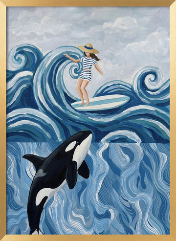 Surfer Girl and Orca | Poster - Gold Frame Interior