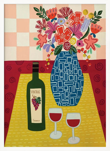 Vibrant Wine and Flowers | Poster - White Frame Interior