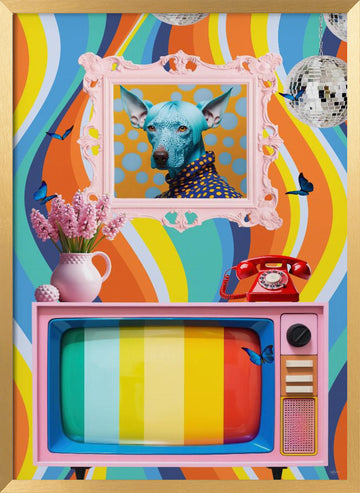 Colorful Groovy Blue Dog | Poster - Gold Frame Interior