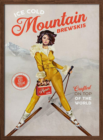 Ice Cold Beer Vintage Pinup Ski Art | Poster - Walnut Frame Interior
