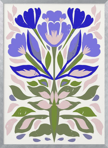 Blue Floral Folk Art | Poster - Silver Frame Interior
