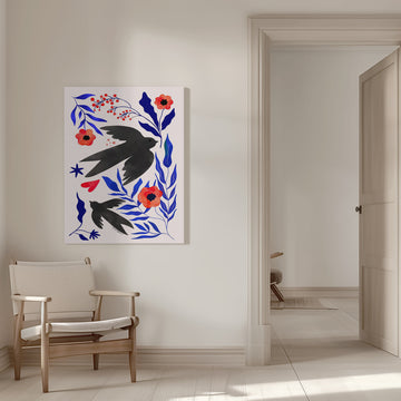 Black Swallows Blue Botanicals | Canvas - Room Interior 1