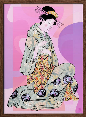 Elegant Geisha Kneeling | Poster - Walnut Frame Interior