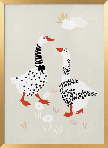 Charming Geese Stroll | Poster - Gold Frame Interior