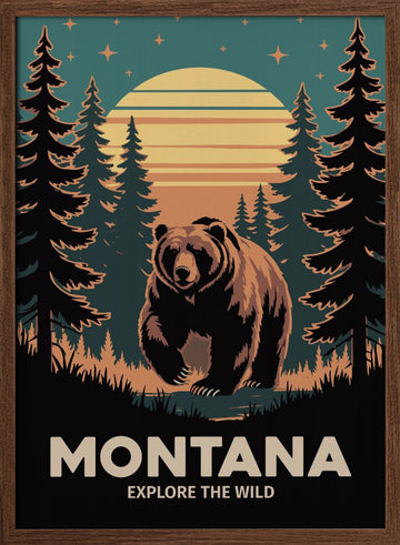 Grizzly Bear Forest Sunset | Poster - Walnut Frame Interior