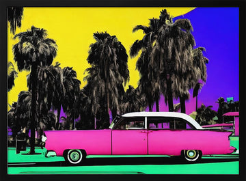 Pink Retro Palm Scene | Poster - Black Metal Frame Interior