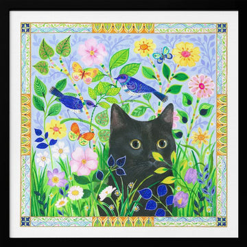 Black Cat In Jewelled Garden | Poster - Black Metal Frame Interior