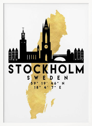 Stockholm Gold Map Skyline | Poster - White Frame Interior