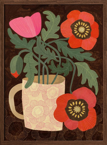 Poppies in a Pink Mug | Poster - Walnut Frame Interior