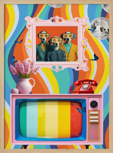Colorful Retro Dog Scene | Poster - Wood Frame Interior