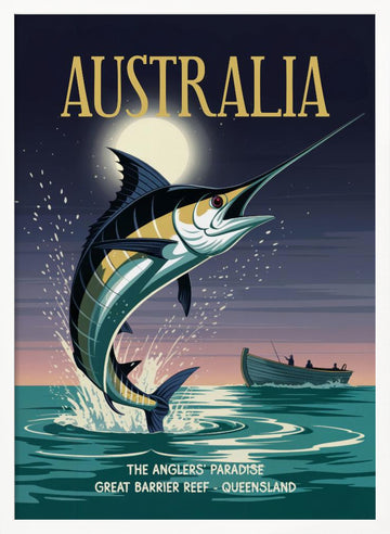 Leaping Marlin Australia Night | Poster - White Frame Interior