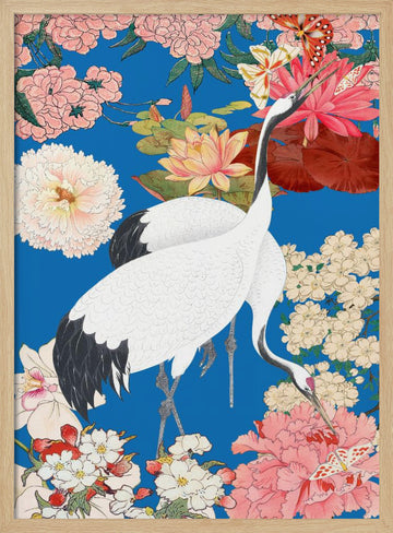 Japanese Cranes Floral Art | Poster - Wood Frame Interior