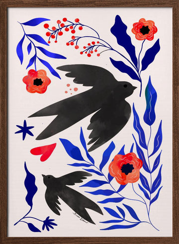 Black Swallows Blue Botanicals | Poster - Walnut Frame Interior
