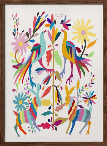 Vibrant Folk Creatures | Poster - Walnut Frame Interior