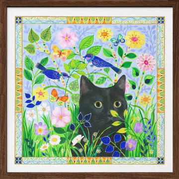 Black Cat In Jewelled Garden | Poster - Walnut Frame Interior