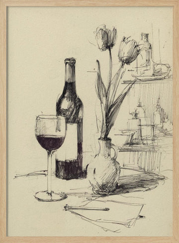 Wine and Tulips Sketch | Poster - Wood Frame Interior