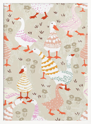 Playful Pastel Geese | Poster - White Frame Interior