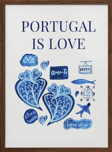 Watercolor Portugal Love | Poster - Walnut Frame Interior