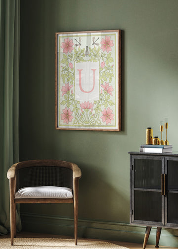Pink Floral Letter U | Poster - Room Interior 2