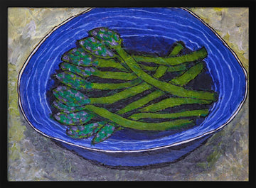 Green Asparagus In Blue Bowl | Poster - Black Metal Frame Interior