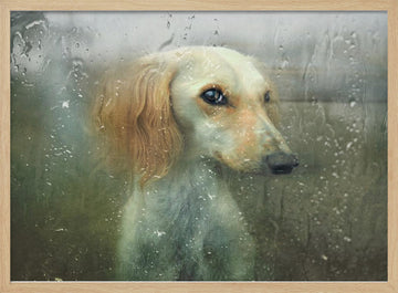 Pensive Dog Rainy Window | Poster - Wood Frame Interior