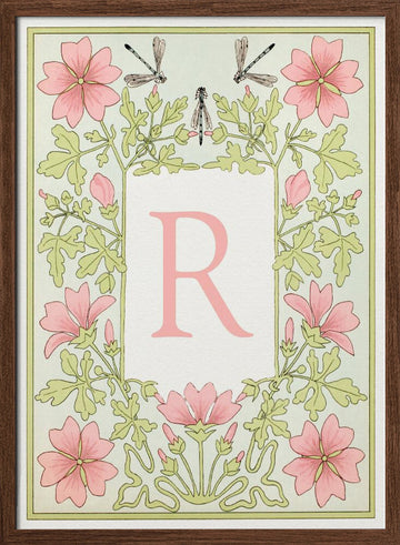 Pink Floral Letter R | Poster - Walnut Frame Interior